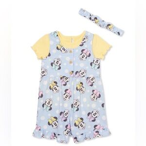 Disney Minnie Mouse Baby Girl Shortall and Tee Outfit Set with Headband
